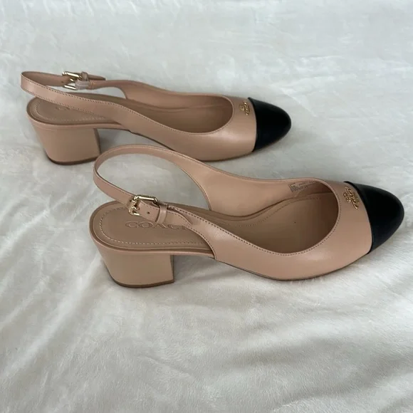 Coach Nude Black Cap Toe Erica Slingback Block Heel Pumps Women’s Size 10B - Picture 6 of 7
